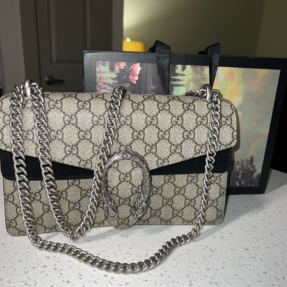 Dionysus Small GG shoulder bag. Monogram/black seude interior
